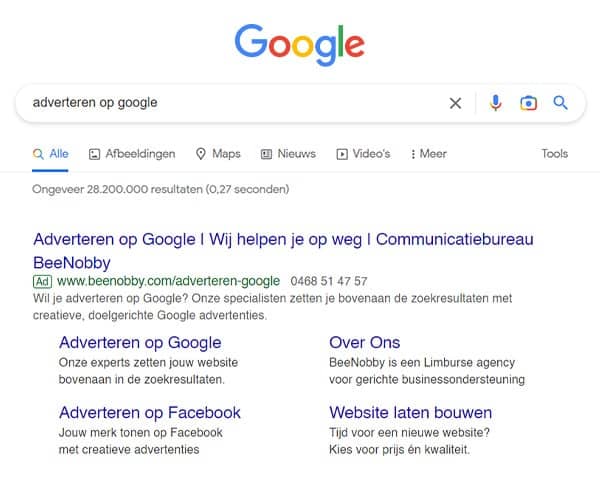 Adverteren op Google voorbeeld Communicatiebureau BeeNobby
